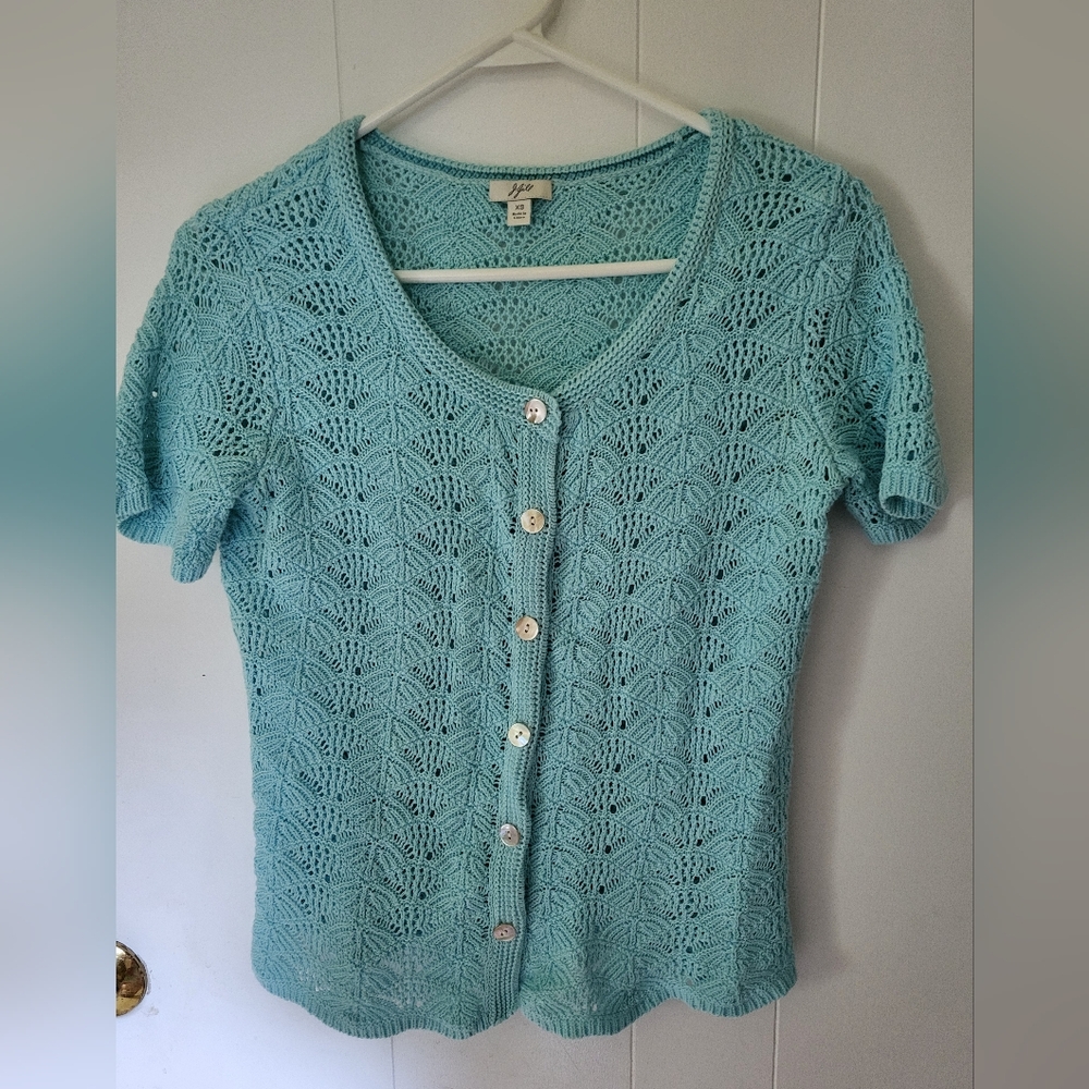 J. Jill pointelle short-sleeved button-up sweater